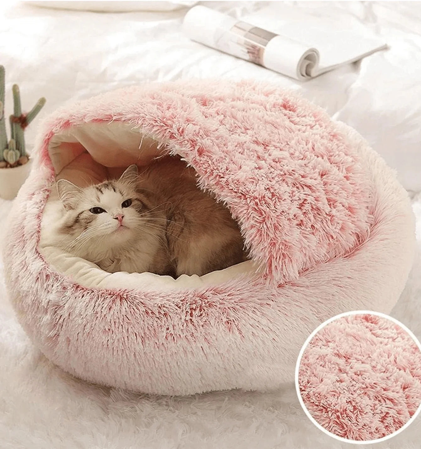 Plush Hooded Pet Bed Round Fluffy Soft Cat Bed