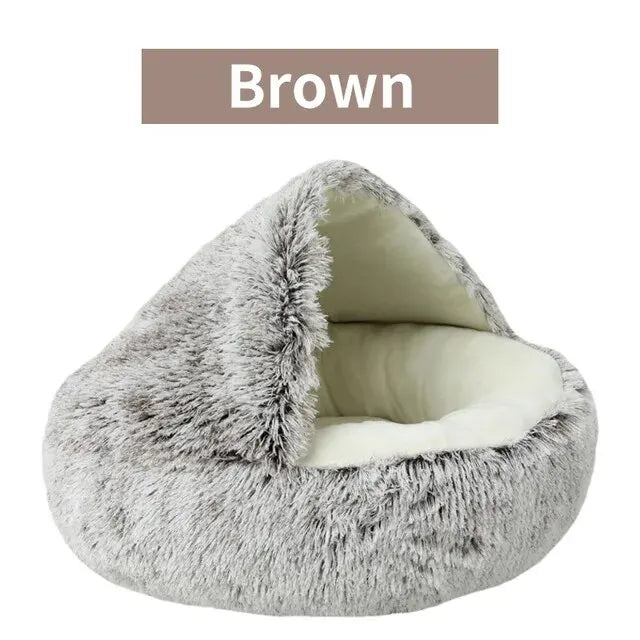 Plush Hooded Pet Bed Round Fluffy Soft Cat Bed