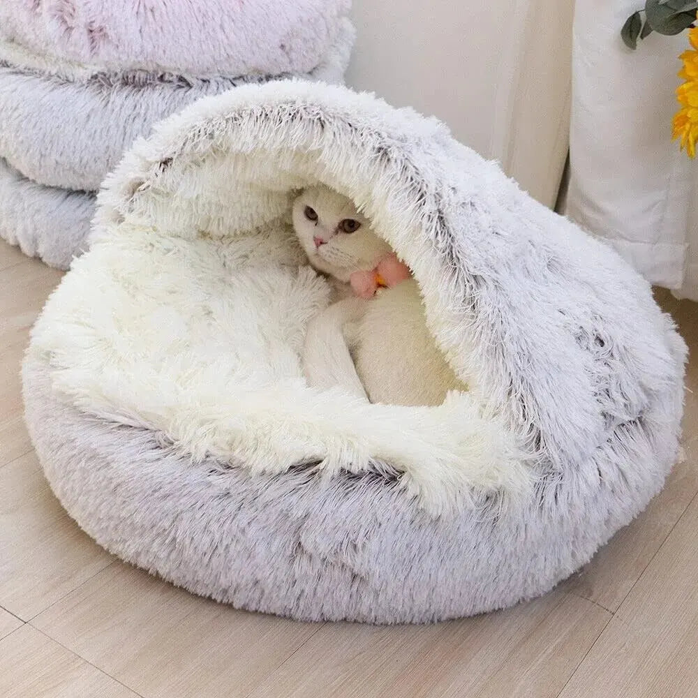 Plush Hooded Pet Bed Round Fluffy Soft Cat Bed
