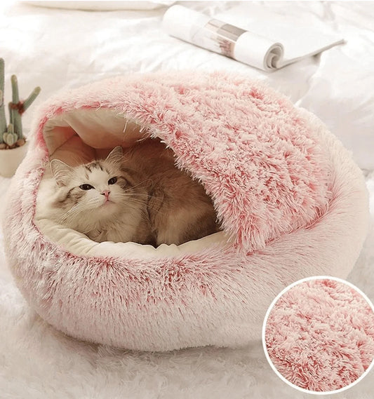 Plush Hooded Pet Bed Round Fluffy Soft Cat Bed